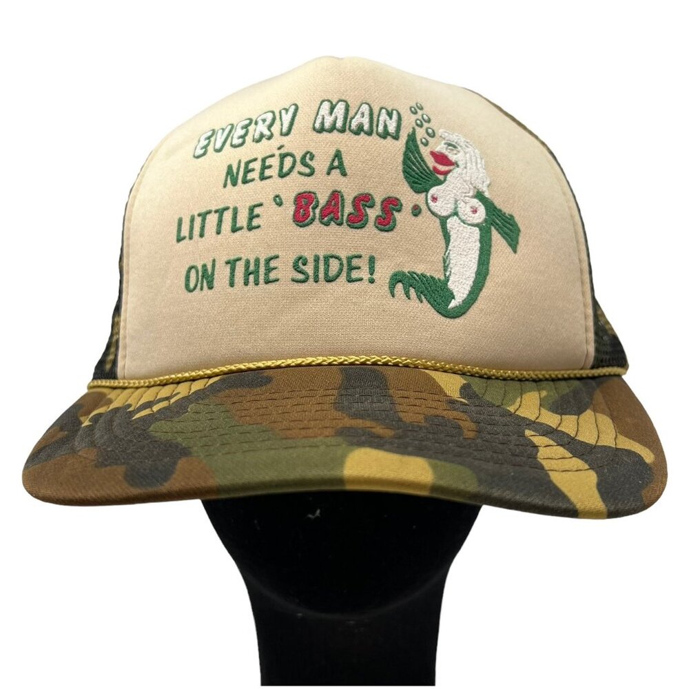 Vintage Risqué Novelty Trucker Hat “Little Bass” Mermaid Humor Snapback Fishing